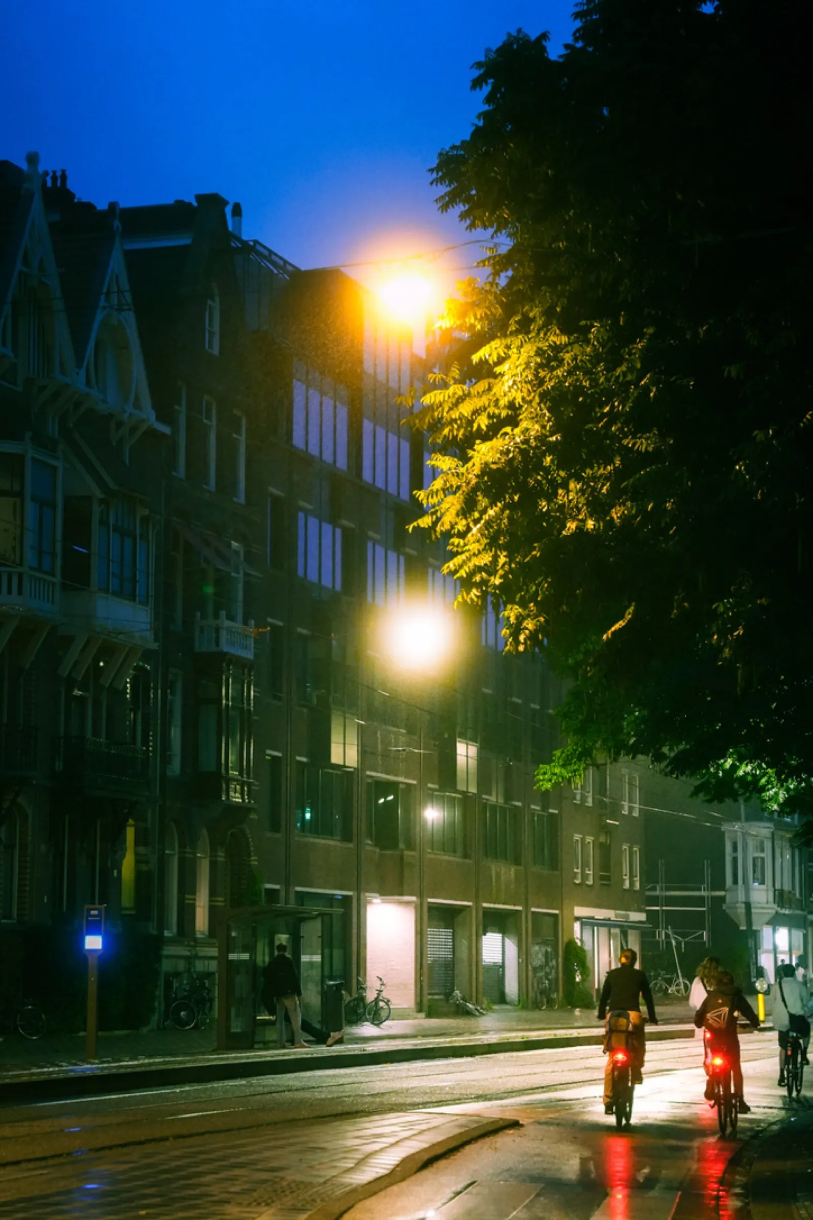 Wet street at dusk with lit storefronts and cyclists